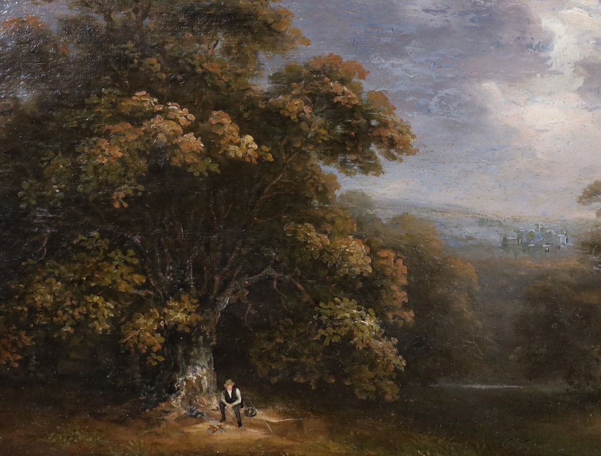 19th century English School, oil on panel, Figure in woodland, 22 x 28cm